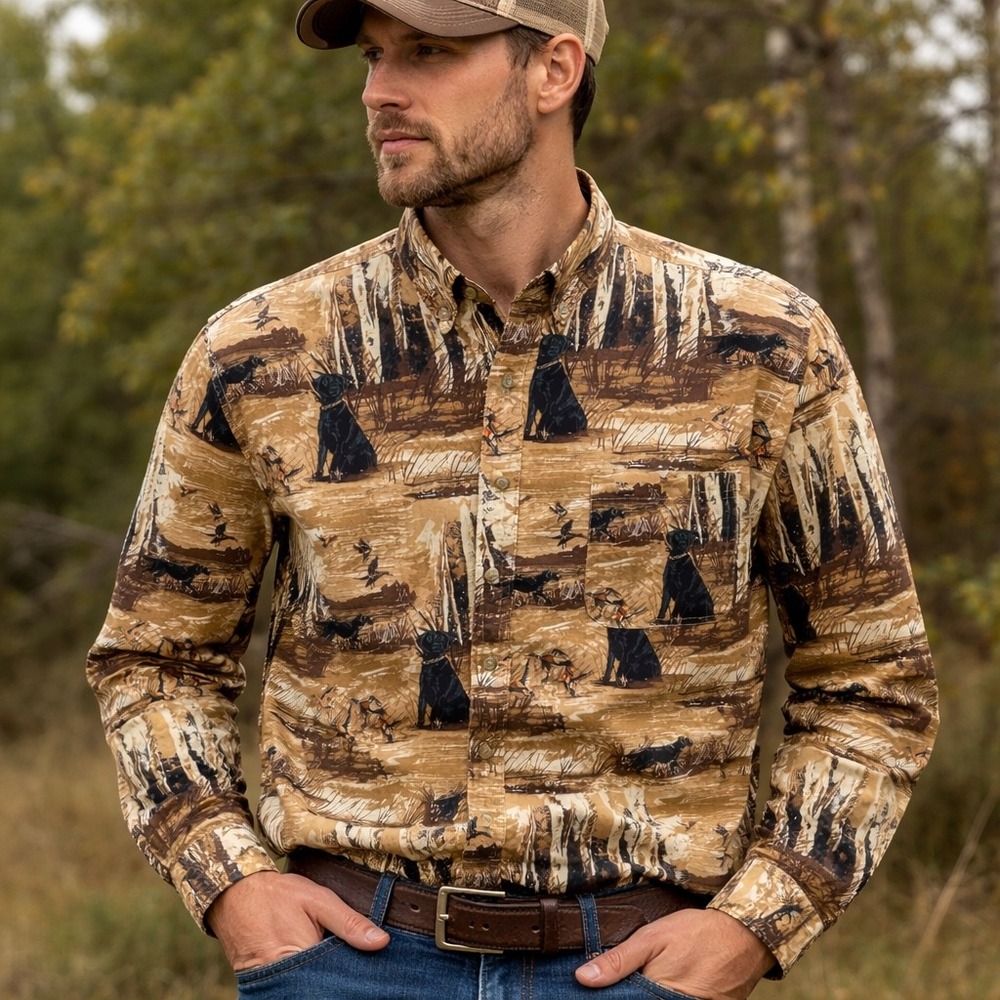 Vintage‎ 90s Hunting Dog Scenic AOP Camo Shirt Outdoor Life Field Tested 2XL